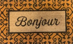 Tapis d'entrée en fibre de coco " Bonjour " noir et orange L.75 x l.45cm