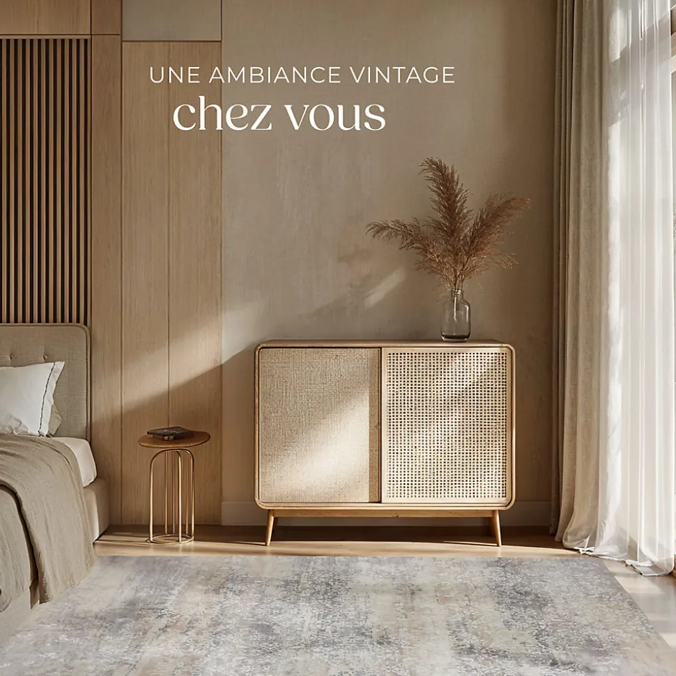Tapis design vintage à poils courts en laine synthétique et feutre résistant et lavable