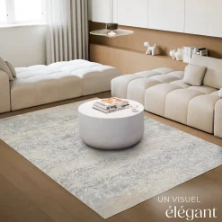 Tapis design vintage à poils courts en laine synthétique et feutre résistant et lavable