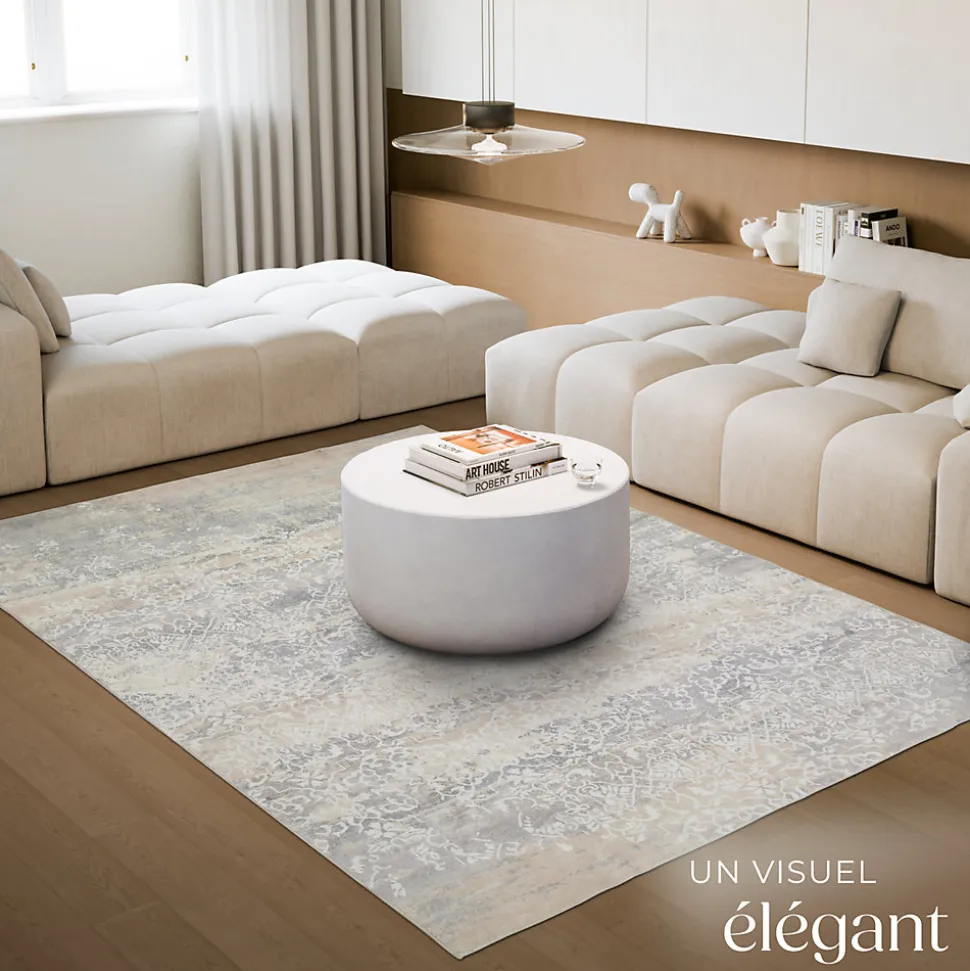 Tapis design vintage à poils courts en laine synthétique et feutre résistant et lavable