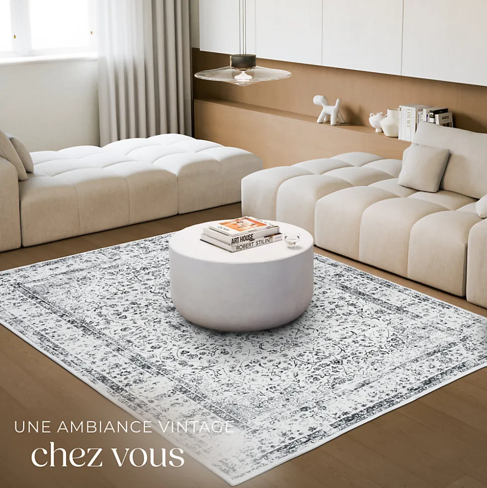 Tapis design vintage à poils courts en laine synthétique et feutre résistant et lavable
