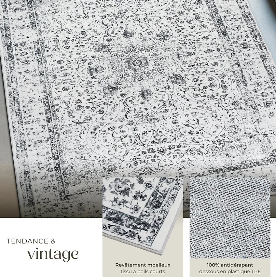 Tapis design vintage à poils courts en laine synthétique et feutre résistant et lavable