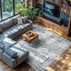 Tapis design vintage à poils courts en laine synthétique et feutre résistant et lavable