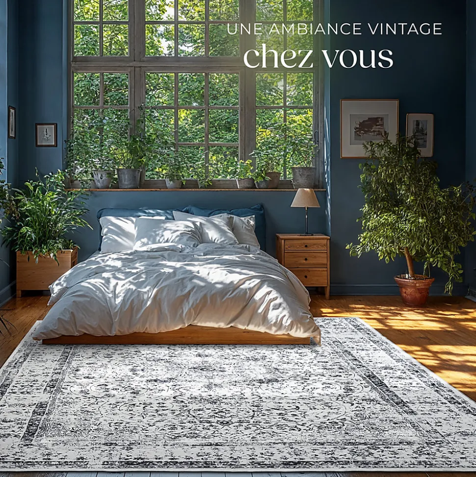 Tapis design vintage à poils courts en laine synthétique et feutre résistant et lavable