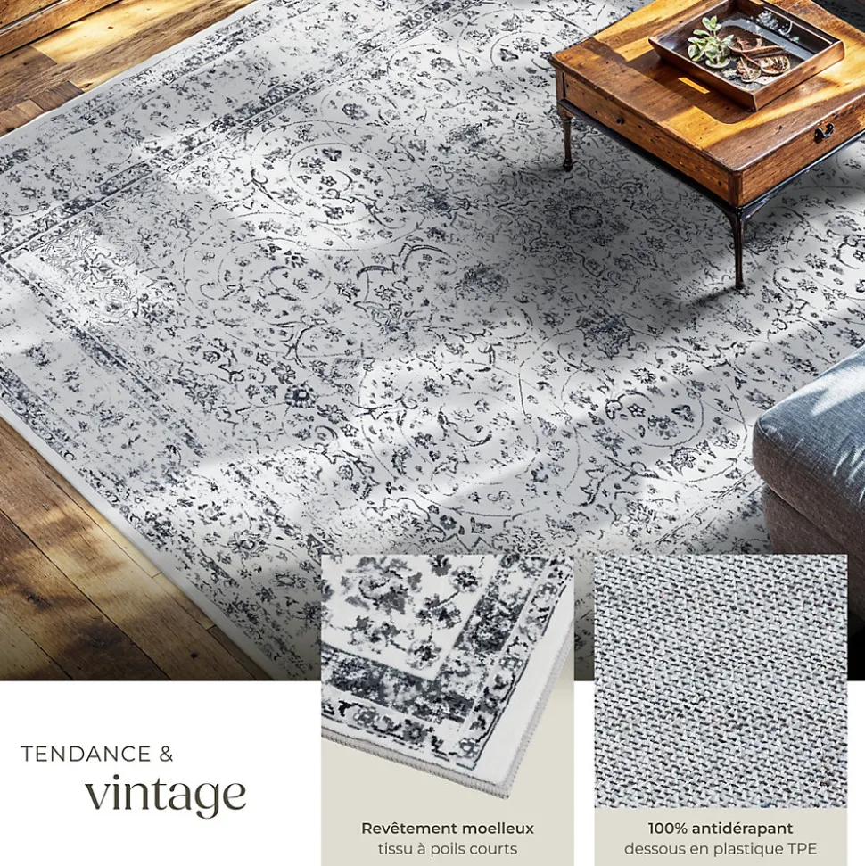 Tapis design vintage à poils courts en laine synthétique et feutre résistant et lavable