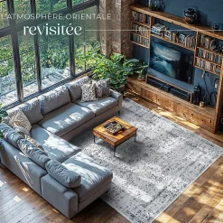 Tapis design vintage à poils courts en laine synthétique et feutre résistant et lavable