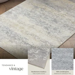 Tapis design vintage à poils courts en laine synthétique et feutre résistant et lavable