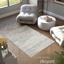 Tapis design vintage à poils courts en laine synthétique et feutre résistant et lavable