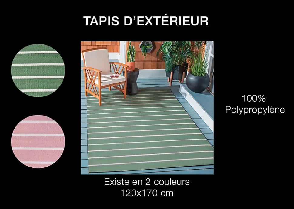 Tapis d'extérieur tissé à rayures vert et blanc L.170 x l.120 Dylrev