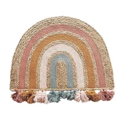 Tapis enfant arc-en-ciel à pompons en fibre naturelle 72x52cm