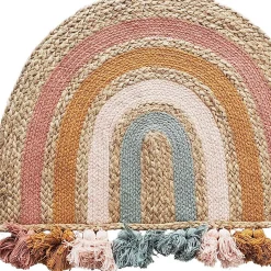 Tapis enfant arc-en-ciel à pompons en fibre naturelle 72x52cm