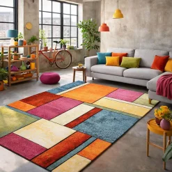 Tapis entrée tissé motif géométrique LYN8 GEOME, Multicolore, rouge, beige, vert