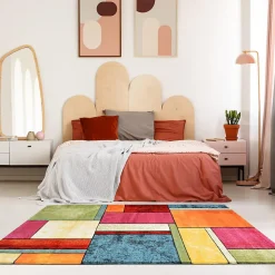 Tapis entrée tissé motif géométrique LYN8 GEOME, Multicolore, rouge, beige, vert