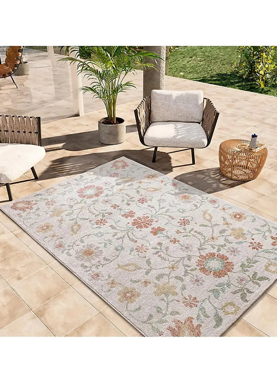 Tapis extérieur ATTICGO beige / multicolore rectangulaire motifs floraux 200x290 cm SAMARA