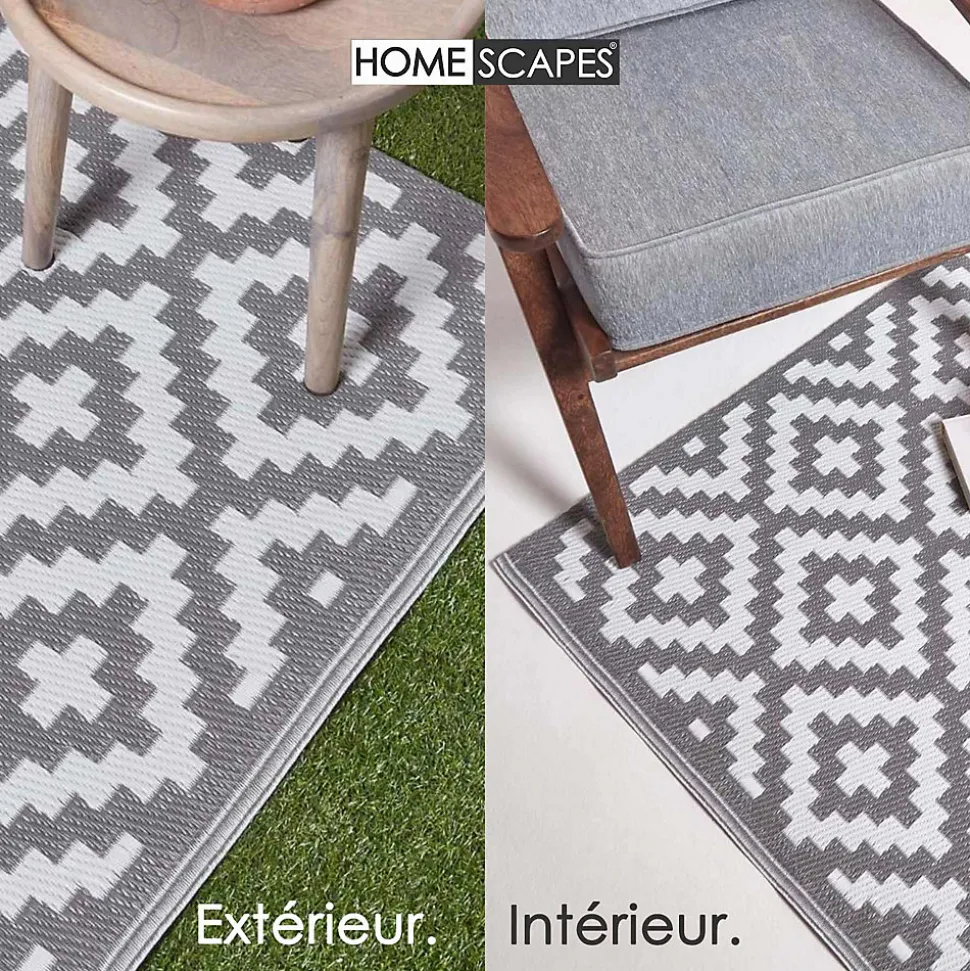 Tapis extérieur terrasse réversible - Tapis de jardin imperméable et résistant UV - Zoe - Gris - 75x200 cm - HOMESCAPES
