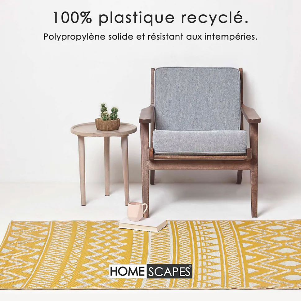 Tapis extérieur terrasse réversible - Tapis de jardin imperméable et résistant UV - Anna - Jaune - 75x200 cm - HOMESCAPES