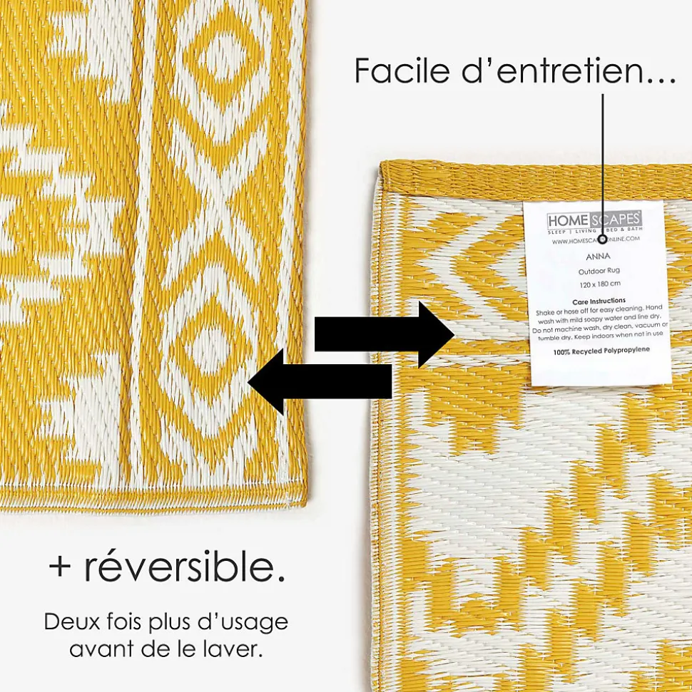 Tapis extérieur terrasse réversible - Tapis de jardin imperméable et résistant UV - Anna - Jaune - 75x200 cm - HOMESCAPES