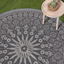 Tapis extérieur terrasse réversible rond - Tapis de jardin imperméable et résistant UV - Mandala - Gris - 170 cm - HOMESCAPES