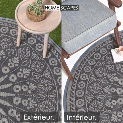 Tapis extérieur terrasse réversible rond - Tapis de jardin imperméable et résistant UV - Mandala - Gris - 170 cm - HOMESCAPES