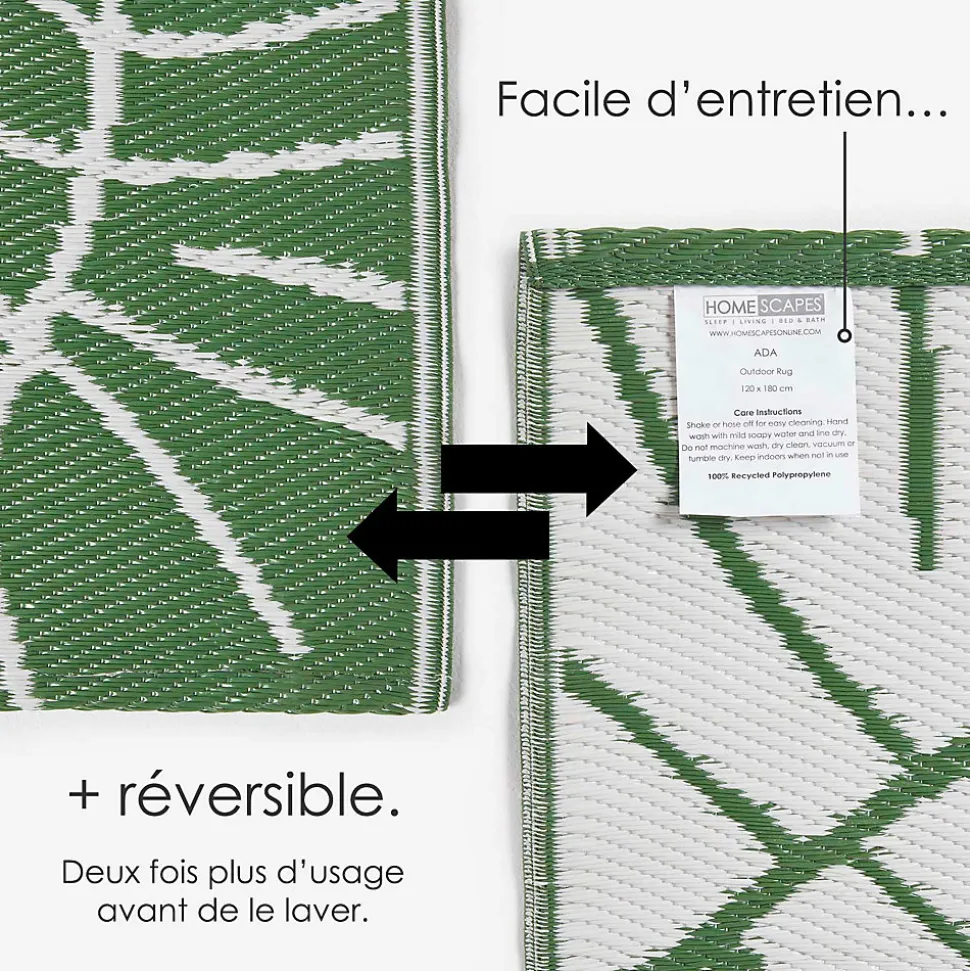 Tapis extérieur terrasse réversible - Tapis de jardin imperméable et résistant UV - Ada - Vert- 150x240 cm - HOMESCAPES