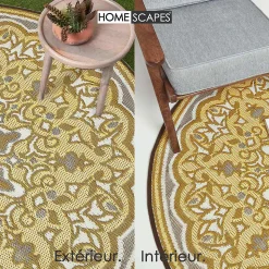 Tapis extérieur terrasse réversible rond - Tapis de jardin imperméable et résistant UV - Rae - Jaune - 180 cm - HOMESCAPES