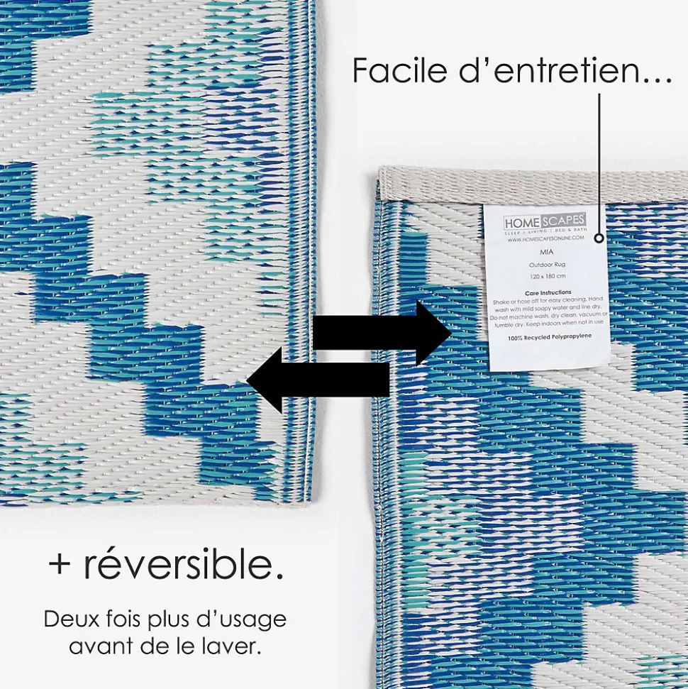 Tapis extérieur terrasse réversible - Tapis de jardin imperméable et résistant UV - Mia - Bleu - 75x200 cm - HOMESCAPES