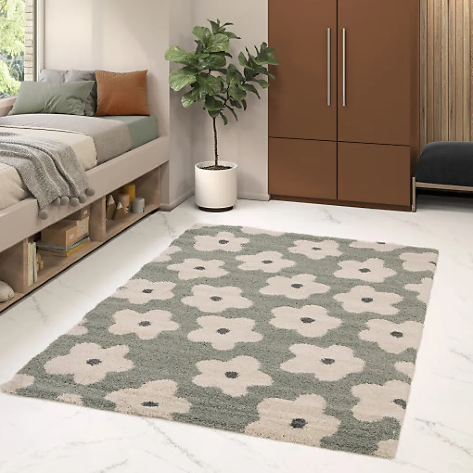 Tapis fleurs maximalistes - Apolline - Gris bleuté - 160 x 230 cm