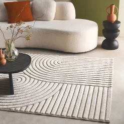 Tapis intérieur motif ethnique arches 160x230cm. poils ras. beige et crème