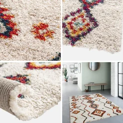 Tapis intérieur shaggy. style berbère. poils longs. crème et multicolore 80 x 150cm