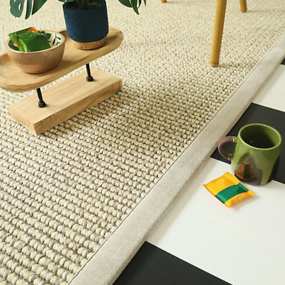 Tapis Laine et sisal - Caloundra grosses boucles crème - Ganse chenille grège - 80 x 150 cm