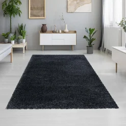 Tapis longs poils shaggy tissé motif uni UNI B, Noir