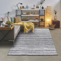 Tapis longs poils shaggy tissé motif géométrique LOLABE, gris, blanc
