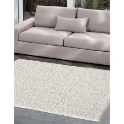 Tapis longs poils shaggy tissé motif uni SIMPLE, crème