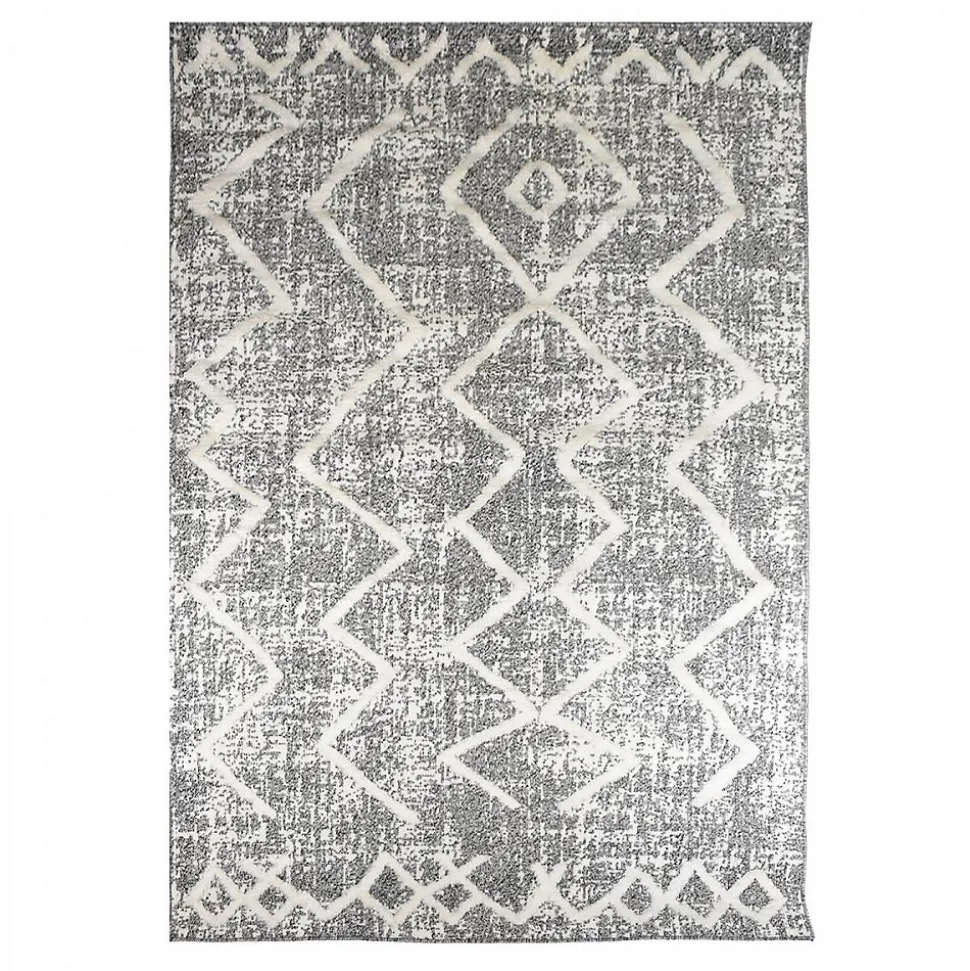 Tapis longs poils shaggy tissé motif berbère PITOLA, gris, blanc