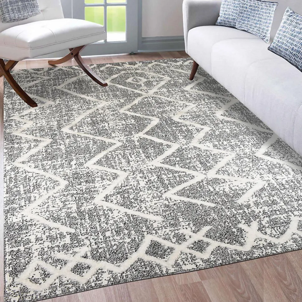 Tapis longs poils shaggy tissé motif berbère PITOLA, gris, blanc