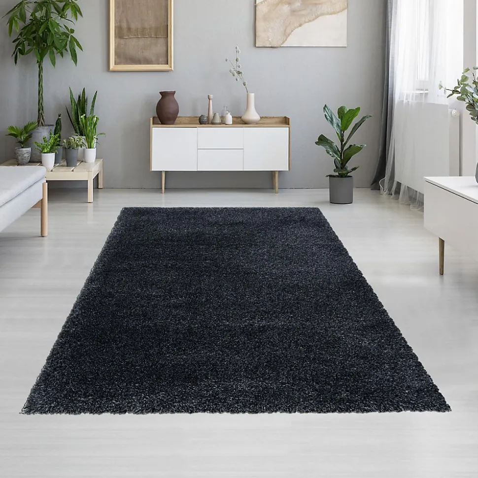 Tapis longs poils shaggy tissé motif uni UNI B, Noir