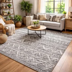 Tapis longs poils shaggy tissé motif berbère LANDA, gris, blanc
