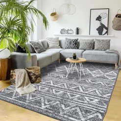 Tapis longs poils shaggy tissé motif berbère LANDA, gris, blanc