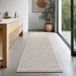 Tapis Maldives extérieur design diamant boho, Marron, 80 x 250 cm