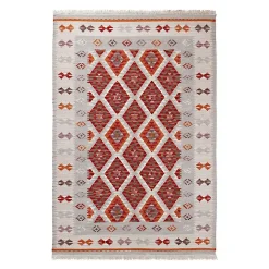 Tapis plat kilim avec franges laine et coton Folck 300x200 CM - Rouge