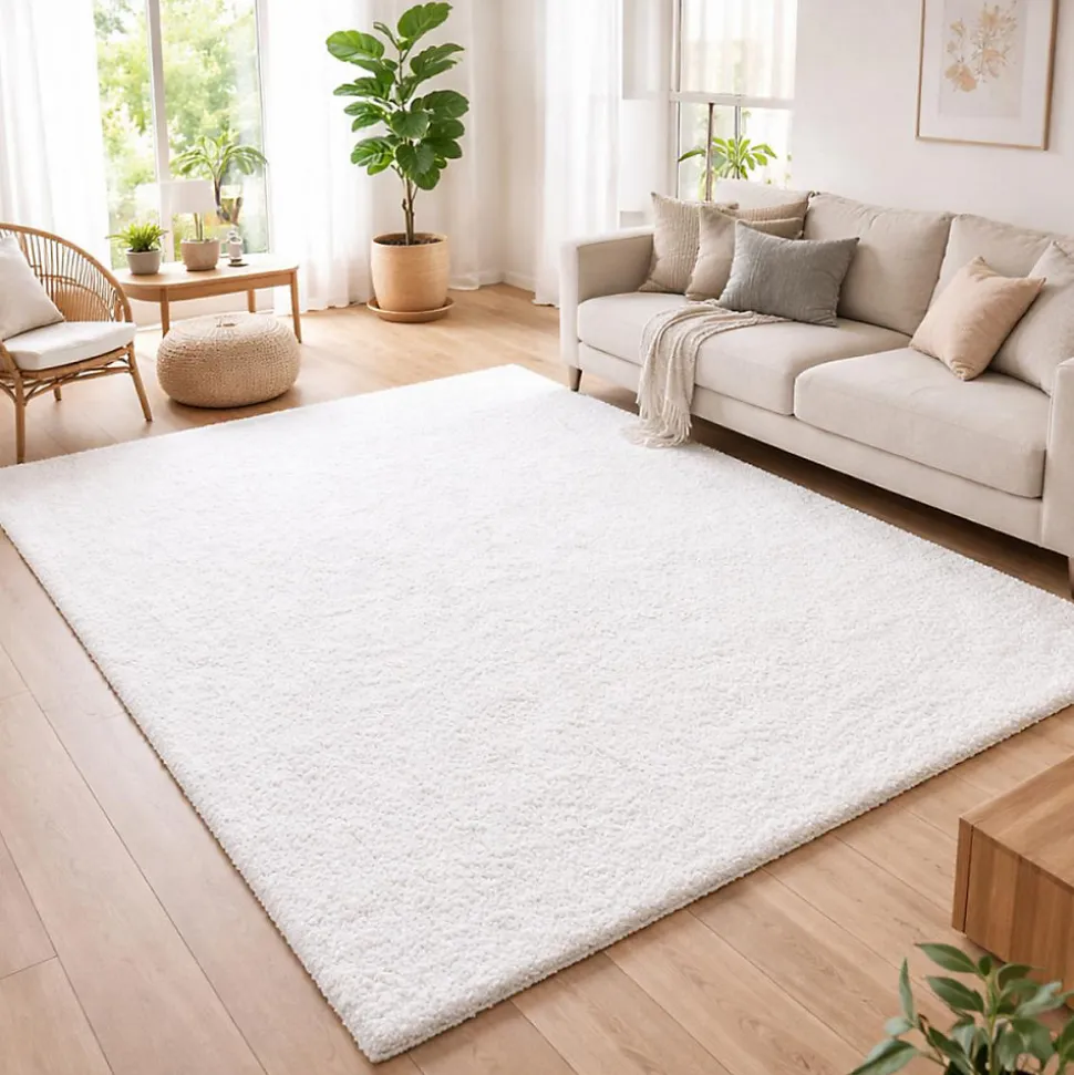 Tapis poils longs shaggy tissé motif uni UNI L, Crème