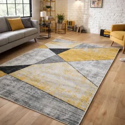 Tapis pour une chambre ou une entrée tissé motif géométrique ROSALINE, jaune, gris, écru