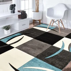 Tapis pour une chambre ou une entrée tissé motif géométrique DIAVIRGULE, bleu