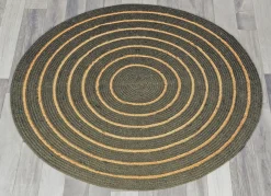 Tapis rond en coton tressé, effet jute rayé, kaki, 120 cm, Dylrev