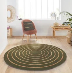 Tapis rond en coton tressé, effet jute rayé, kaki, 120 cm, Dylrev
