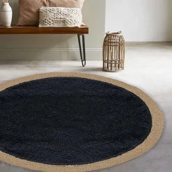 Tapis Rond en Jute et Coton, 120 cm, Noir et Jute, Dylrev