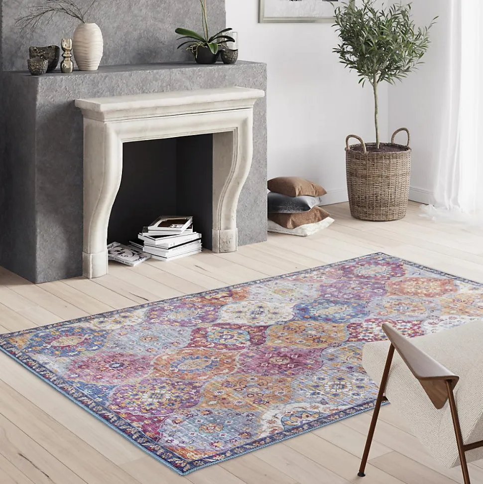 Tapis salon et chambre tissé motif ethnique VIVACE 5, violet, gris, rose
