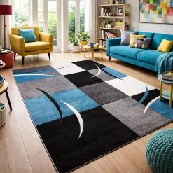Tapis salon et chambre tissé motif damier LYN8 COMMA, Gris, bleu, noir