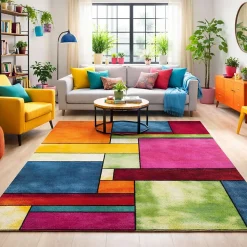 Tapis salon et chambre tissé motif géométrique LYN8 GEOME, Multicolore, vert, bleu, rouge