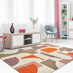 Tapis salon et chambre tissé motif géométrique ECHO 3, gris, beige, orange